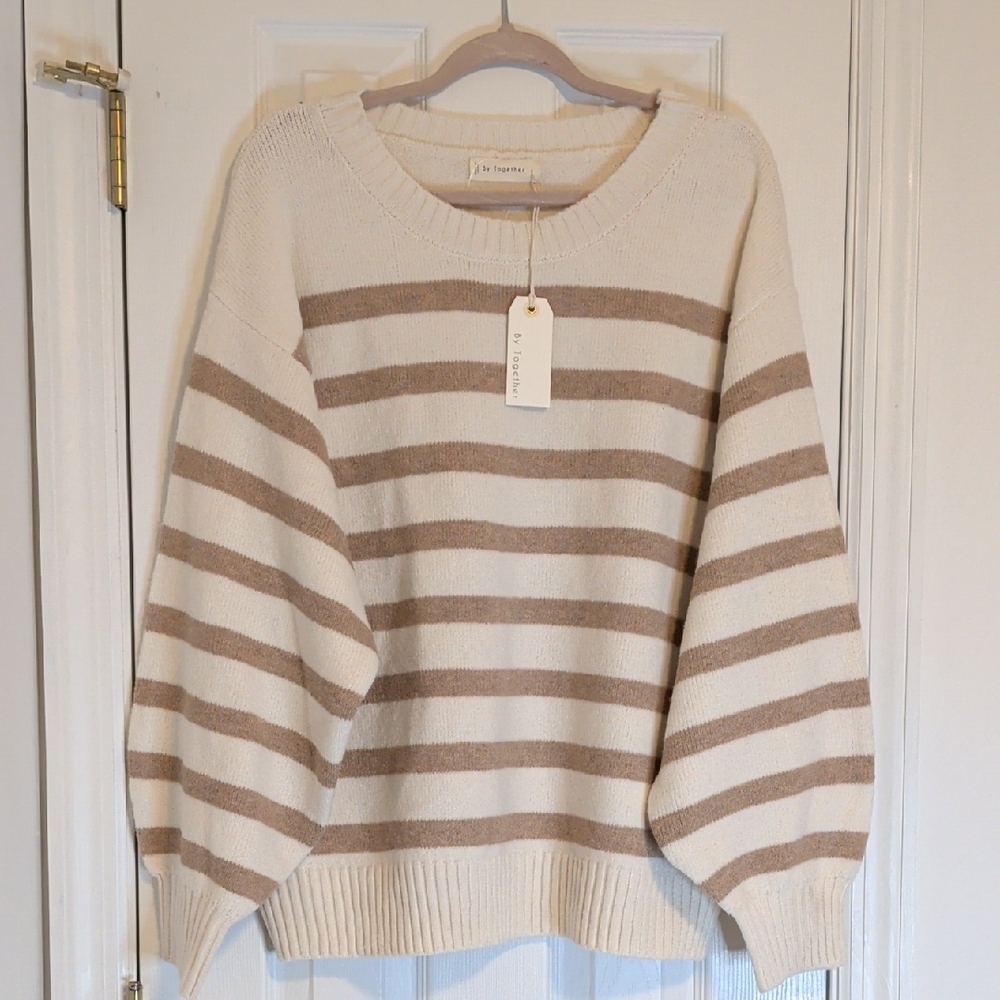 By Together NWT Striped Oversized Sweater Cream Brown Cozy Knit Relaxed Fit Size
